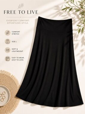 Free to Live Black Stretch Midi Skirt Size L
